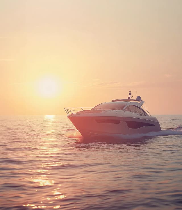Luxury motor yacht cruising at sunset in the Ionian Sea