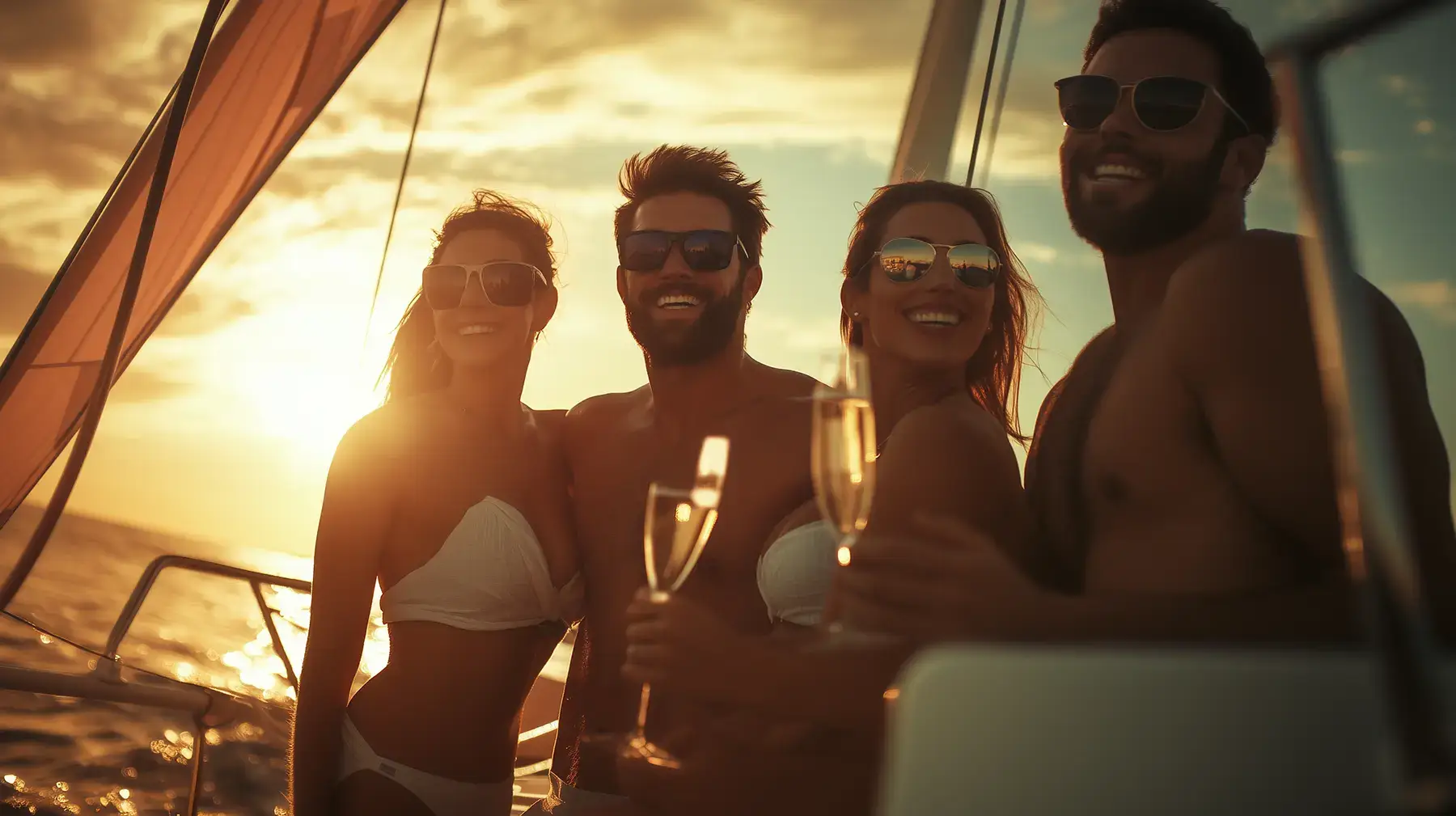 Friends enjoying sunset on a yacht charter in Lefkada